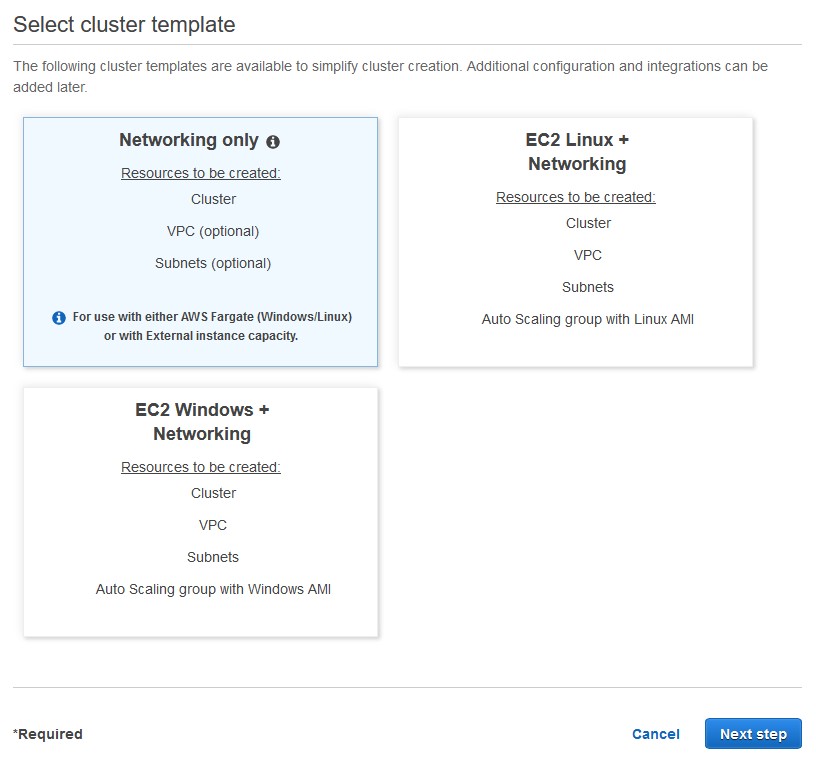 Choosing Fargate cluster template among other two displaying EC2 Linux and EC2 Windows.