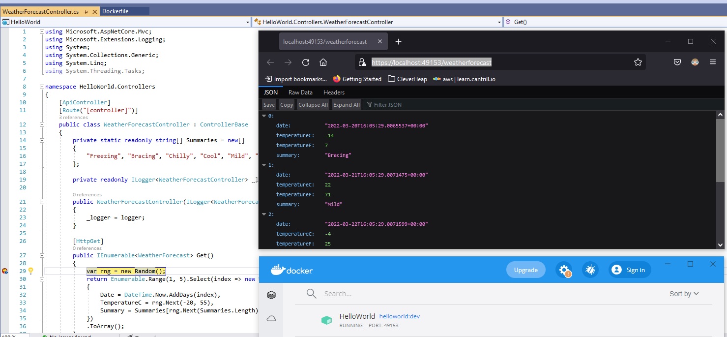 Debugging with Docker screen captured with hitting a breakpoint in code.