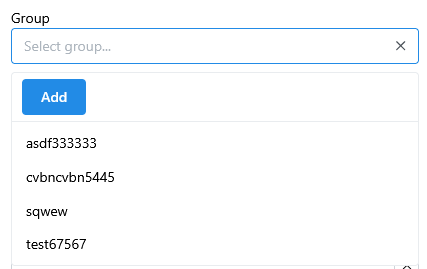 Drop down component displaying list of groups with their names. Add button is on the the top of the list.
