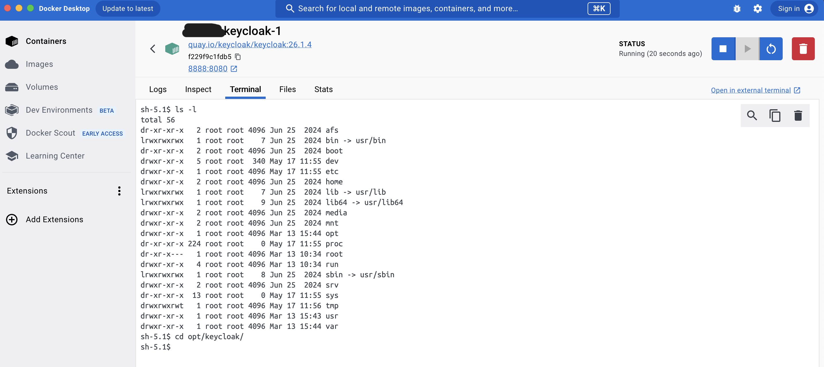 Docker Desktop application with Keycloak container dashboard. In terminal tab a list of current directories for that container are listed.