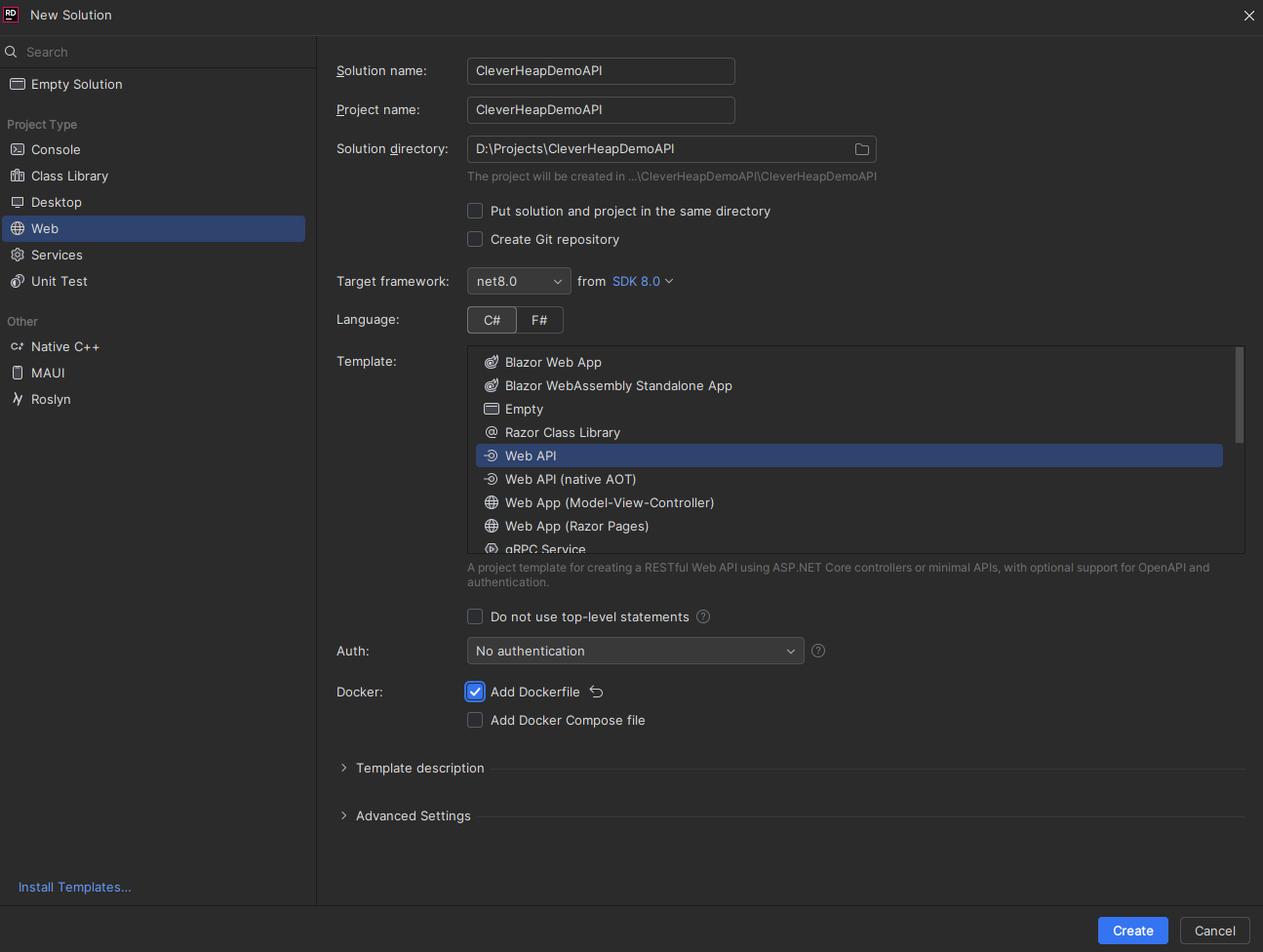 Displaying JetBrains Rider IDE project creation form depicting a selection for WebAPI project. Project is named as 'CleverHeapDemoAPI' and directory path is specified.
