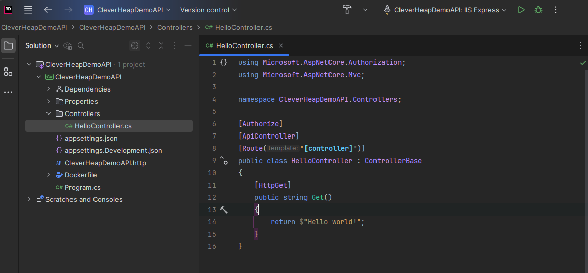 Displaying JetBrains Rider IDE project with opened solution project for WebAPI. A new controller named HelloController is added and the code of HelloController is displayed with a single GET action method in controller class that returns a string message.
