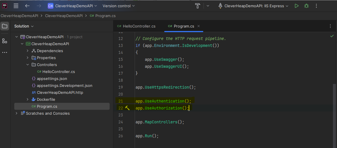 Displaying JetBrains Rider IDE project with opened solution project for WebAPI. A Program.cs code is displayed indicating changes on lines containing code 'app.UseAuthentication();app.UseAuthorization();'.