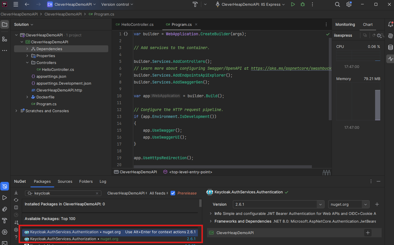 Displaying JetBrains Rider IDE project with opened solution project for WebAPI. Nuget package manager is displayed at the bottom with two of Keycloak dependencies pending install: 'Keycloak.AuthServices.Authentication' and 'Keycloak.AuthServices.Authorization'.