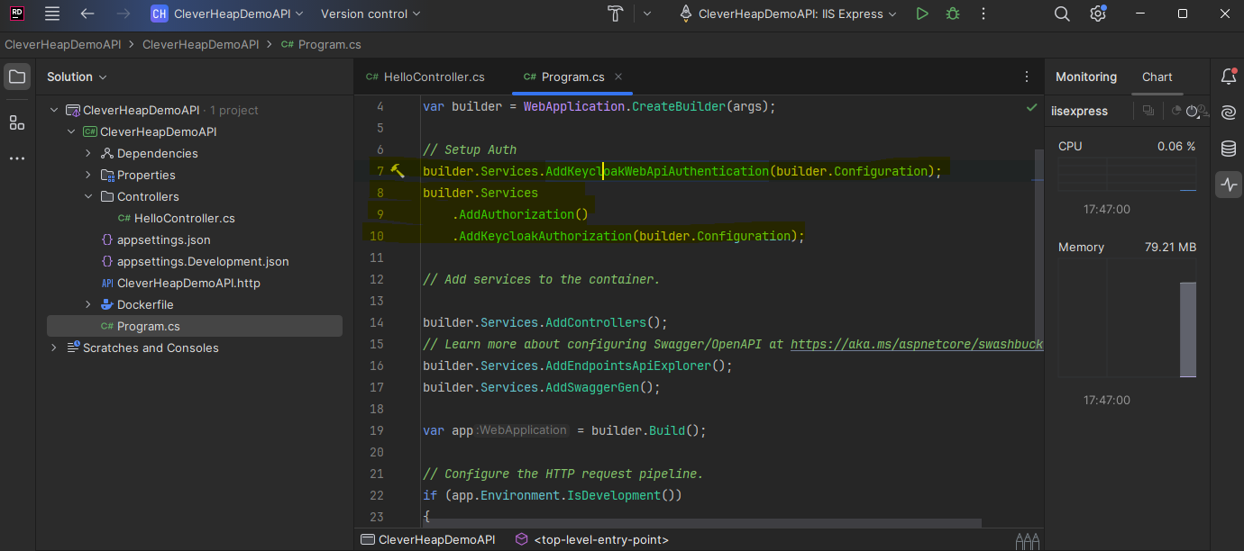 Displaying JetBrains Rider IDE project with opened solution project for WebAPI. Program.cs code is displayed with added code for registering Keycloak dependencies via builder.Services.