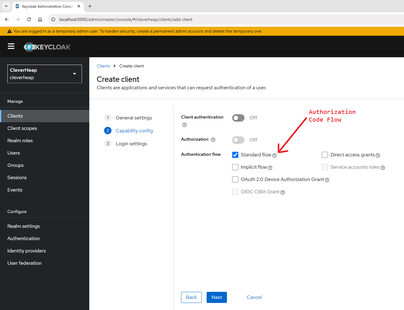 The second step of create client form, named 'Capability config', depicts disabled toggles for Client authentication and Authorization. From authentication flow list only Standard flow is enabled while other flows - Direct access grants, Implicit flow, Service accounts roles, OAuth 2.0 Device Authorization Grant, OIDC CIBA Grant are disabled. 