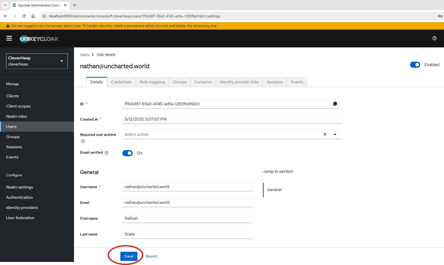 Displaying _General_ tab of client details with all previously added information through client create form. Indicating to proceed with Save option without any modification.