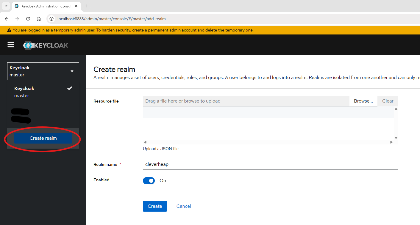 A simple web form with input set for realm name as 'cleverheap'. Indicating proceeding with create button option.