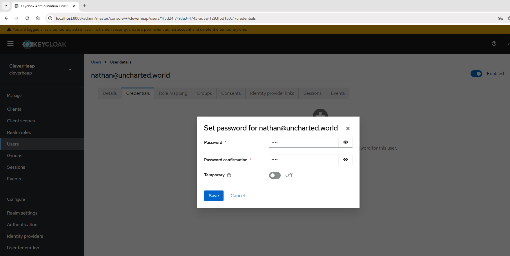 Displaying create user credentials from user details page and Credentials tab. Password and Password Confirmation fields are entered with the same phrase. Temporary toggle flag is disabled.