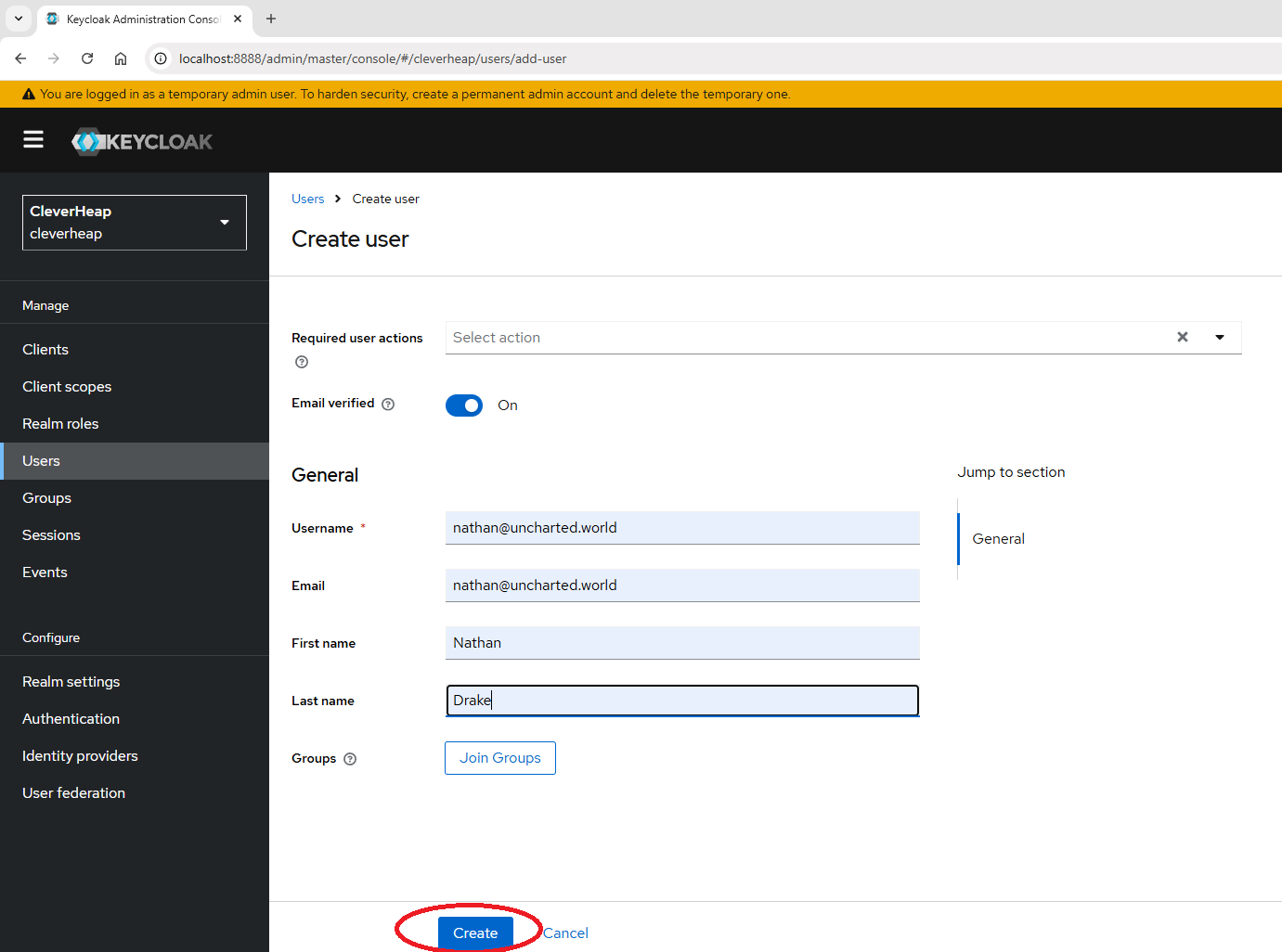 Displaying create user form where user details are added to fields. The email verification toggle is on. Username and Email fields contain same email entry for both. First name and Last name are arbitrary for this test user. Indicating to proceed with Create button click.