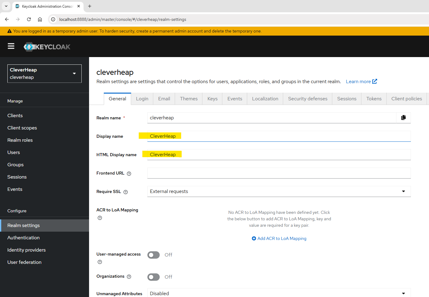 A web form under General tab displaying realm name for 'cleverheap' realm previously created. Indicating changes on fields for Display name and HTML Display name. Both fields have the same value set: 'CleverHeap'.