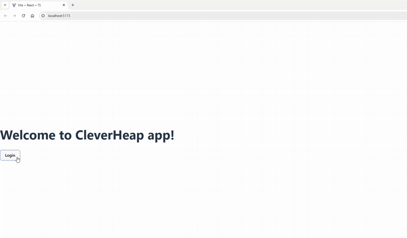 Web browser loads the app with initial welcome screen. User clicks a login button. Redirect occurs and loads Keycloak login page. User enters credentials and after successful submit the user is displayed with page containing user's display name and log out button.