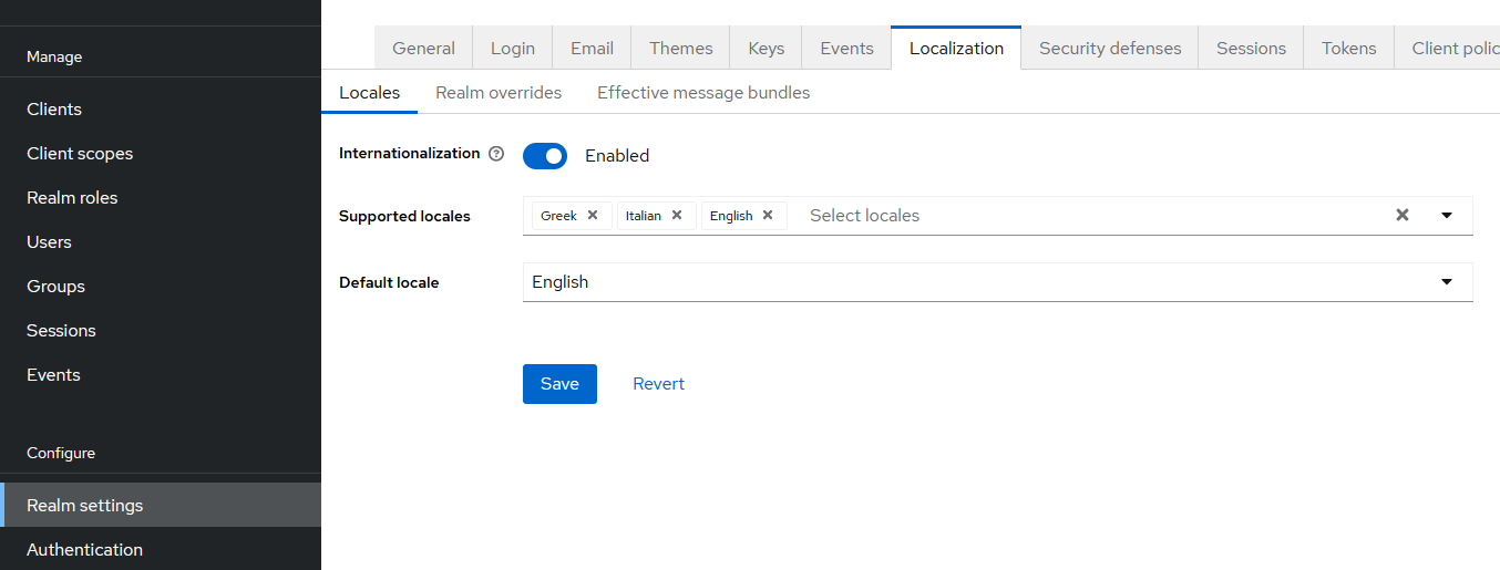 Realm Settings in Keycloak admin dashboard showing localization tab. Form has enabled Internationalization toggle with three supported languages selected (Greek, Italian, English) and English as default language. Form has Save and Revert buttons.
