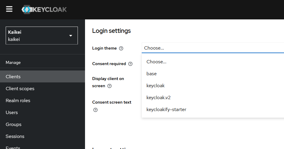 Client Settings in Keycloak displaying Login settings and choosing Keycloak-starter theme from Login theme options.