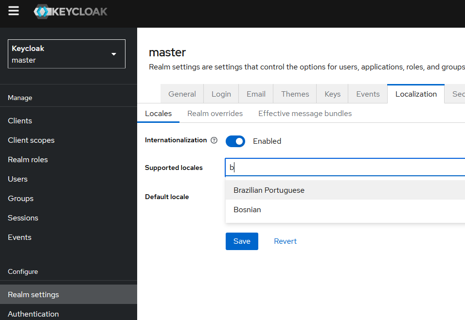 Realm Settings in Keycloak displaying Localization tab and Bosnian local in selection box.