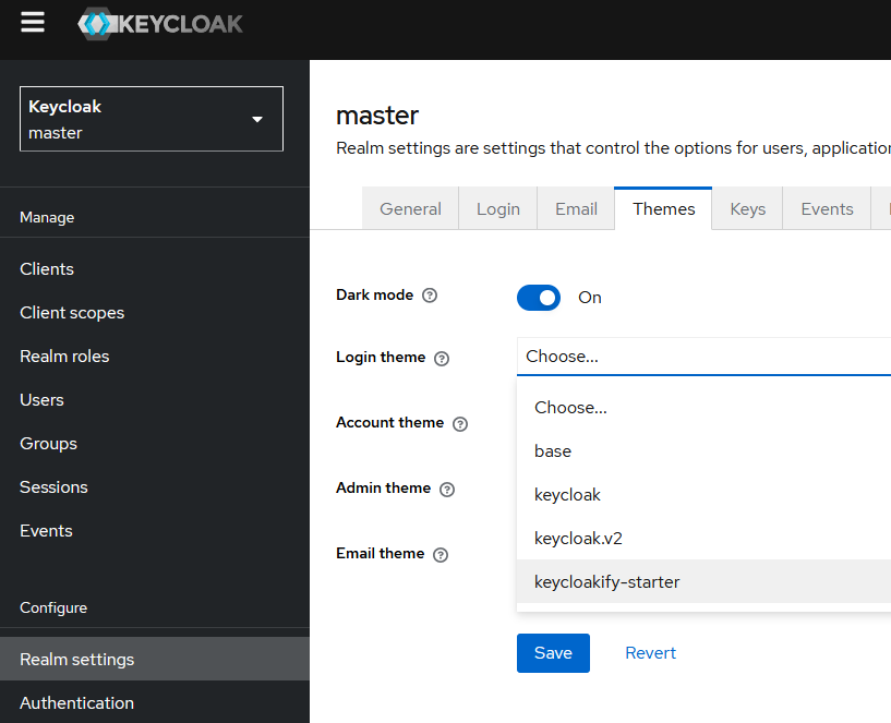 Realm Settings in Keycloak displaying Themes tab and choosing Keycloak-starter theme from selection.