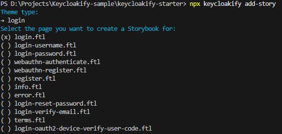 Output of the previous 'npx keycloakify add-story' command with listing of all available .ftl templates (login, register, update password, verify email...)