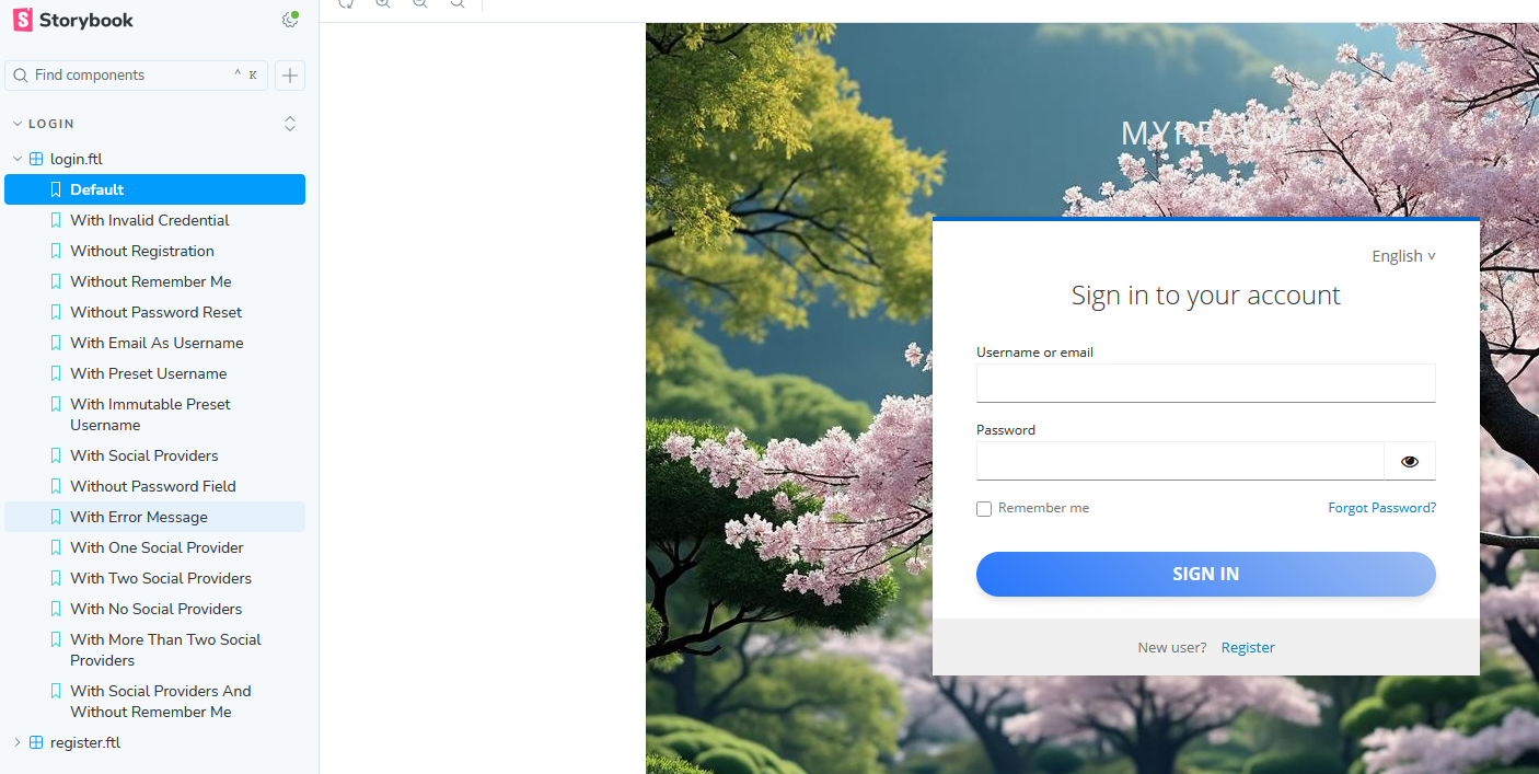 Storybook in browser showing navbar on the left with different login and register pages. On the right side is the login form with username and password button is of blue color taking gradient from dark left to light right.