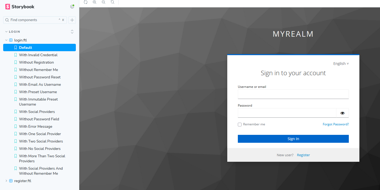 VS Code file explorer with the folder tree collapsed: src > login > pages. The pages folder includes two files: Login.stories.tsx and Register.stories.tsx.