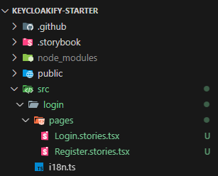 VS Code file explorer with the folder tree collapsed: src > login > pages. The pages folder includes two files: Login.stories.tsx and Register.stories.tsx.