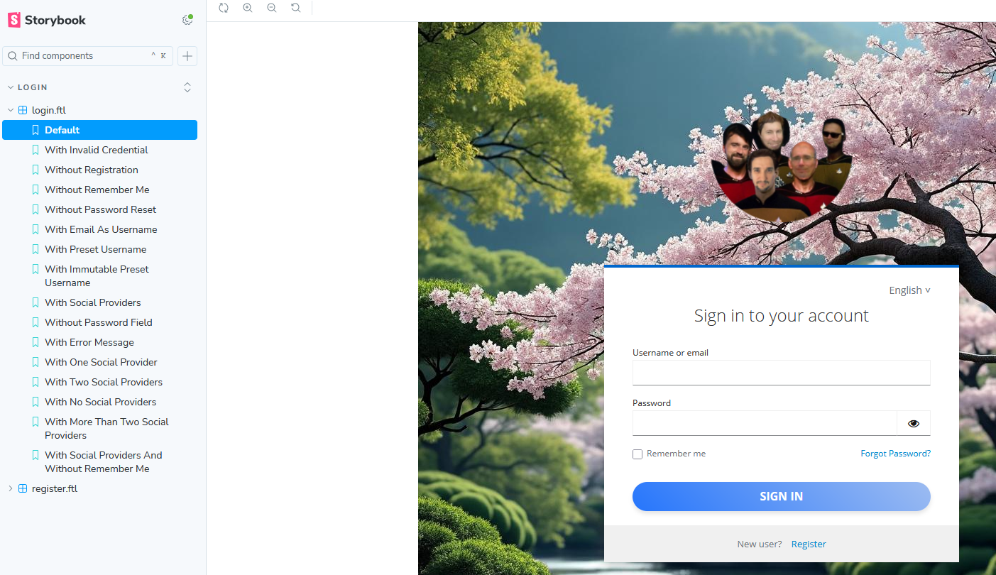 Storybook in browser showing navbar on the left with different login and register pages. On the right side is the login form with username and password and logo on top of the form.