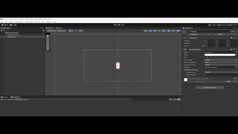 Screen display of Unity Editor and scene editor with Capsule object. Object is being manipulated by moving control or changing object coordinates in Inspector properties panel.