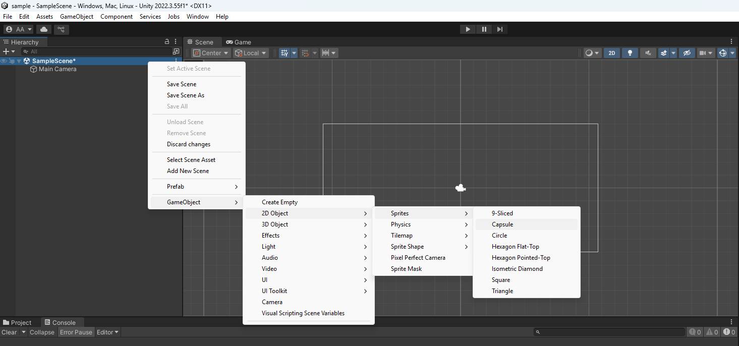 Screen display of Unity Editor and navigation scene menu which cascades From Game Objects section down to 2d objects listing with Capsule object selected.