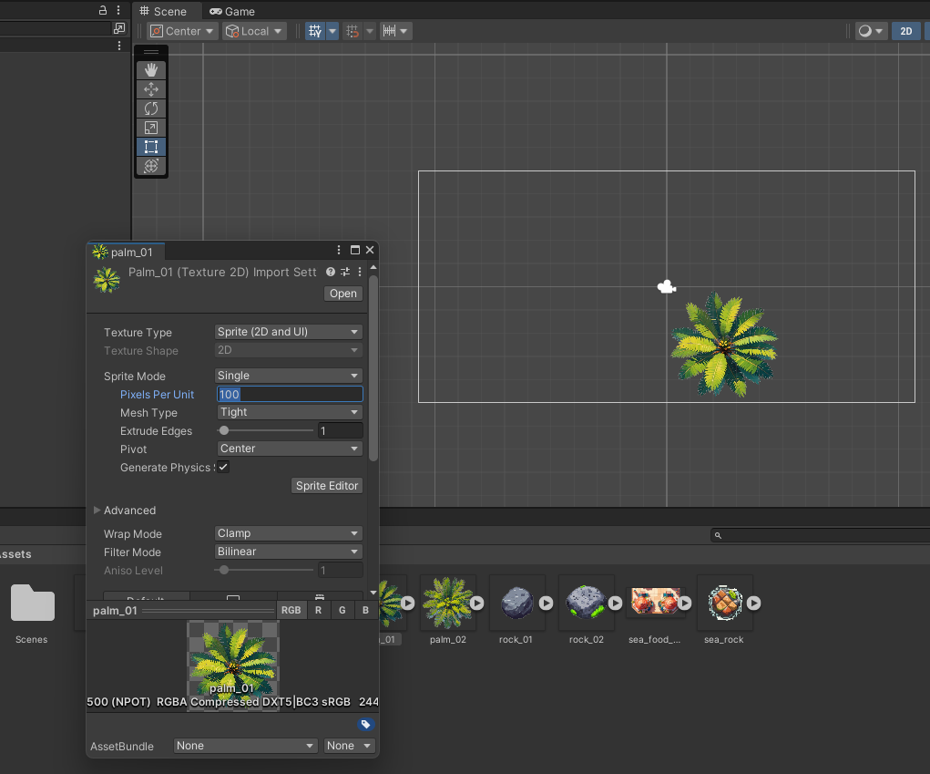 Screen display of Unity Editor and Asset properties. The current value of Pixel Per Unit field is set to 100.