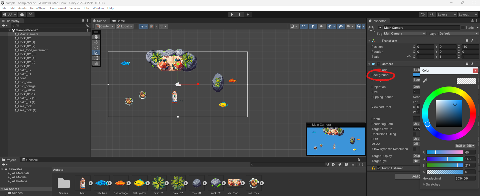 Screen display of Unity Editor with scene and sprites. Selected camera from scene hierarchy shows it's properties on the right hand side. On background property a color picker pops up to choose a color.