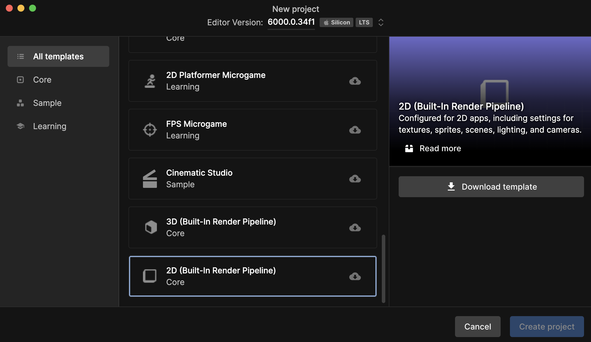 Screen display of Unity Hub templates. Several listed options with provided templates including 2D core.