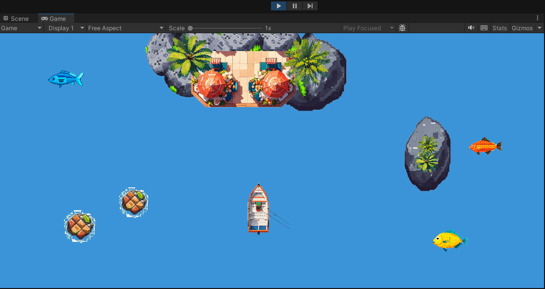 Screen display of Unity Editor showing a game run panel. Most part is the panel is covered in blue. On very top are several rocks, restaurant and two palm trees. On the left side are two rocks in water and a fish. At the middle is a fishing boat. On the left side is a rock with palm tree and two more fishes.