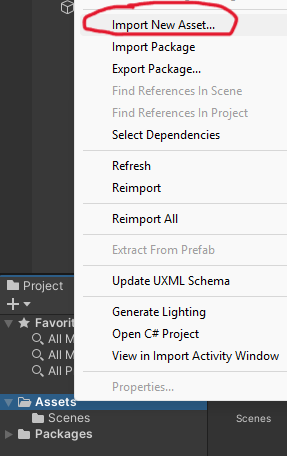 Screen display of Unity Editor and Project folder structure. Menu displayed after doing right click at the Assets folder. Selected option from menu is Import New Assets