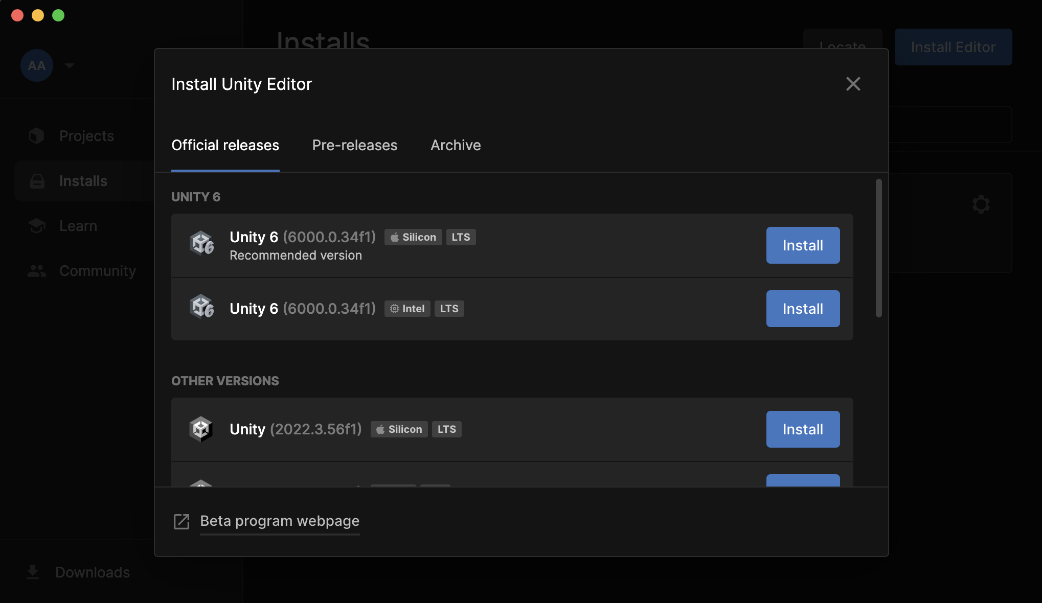 Screen display of Unity Hub installs section. First tab is Official Releases where the top of the list shows Unity 6 as the latest version with side tag LTS for long term support.