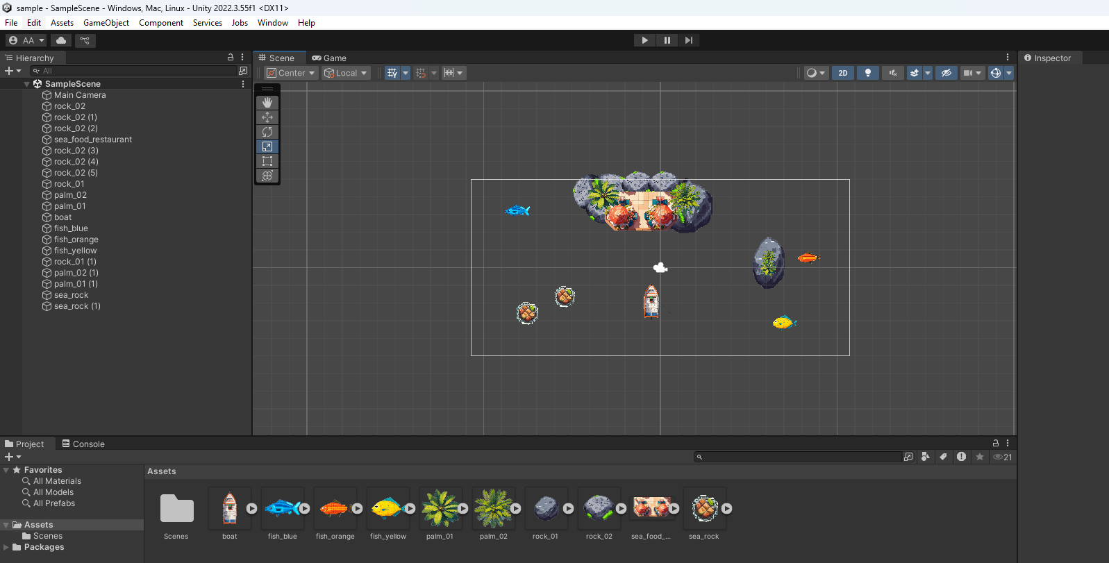 Screen display of Unity Editor with scene and sprites. The image contains rocks in sea on top of the map where a sea food restaurant is placed. A single boat on a middle of the map with couple of rocks in a sea. Three differently colored fishes are distributed on the scene.