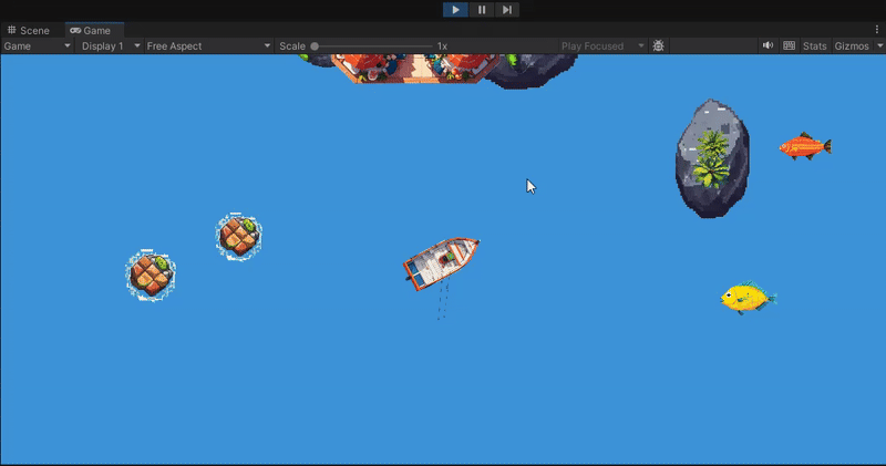 Displays Unity runtime game execution were fishing boat rides along the map while camera follows, so boat is always on the middle of the screen.