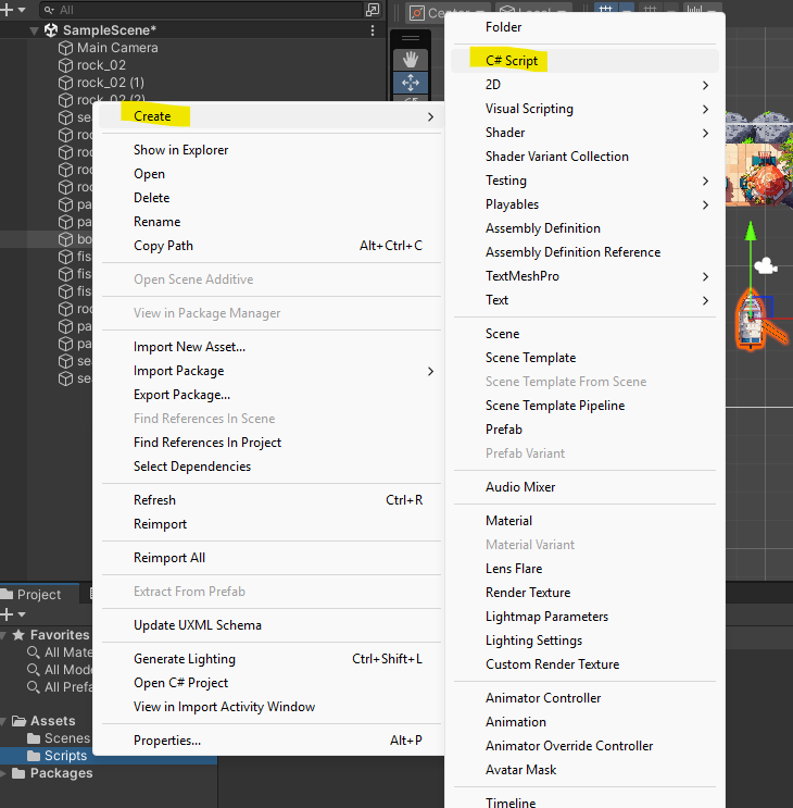 Screen display of Unity editor and Projects > Assets structure displayed at the editors bottom. Under Assets/Scripts folder a menu is navigated to Create > C# Script.