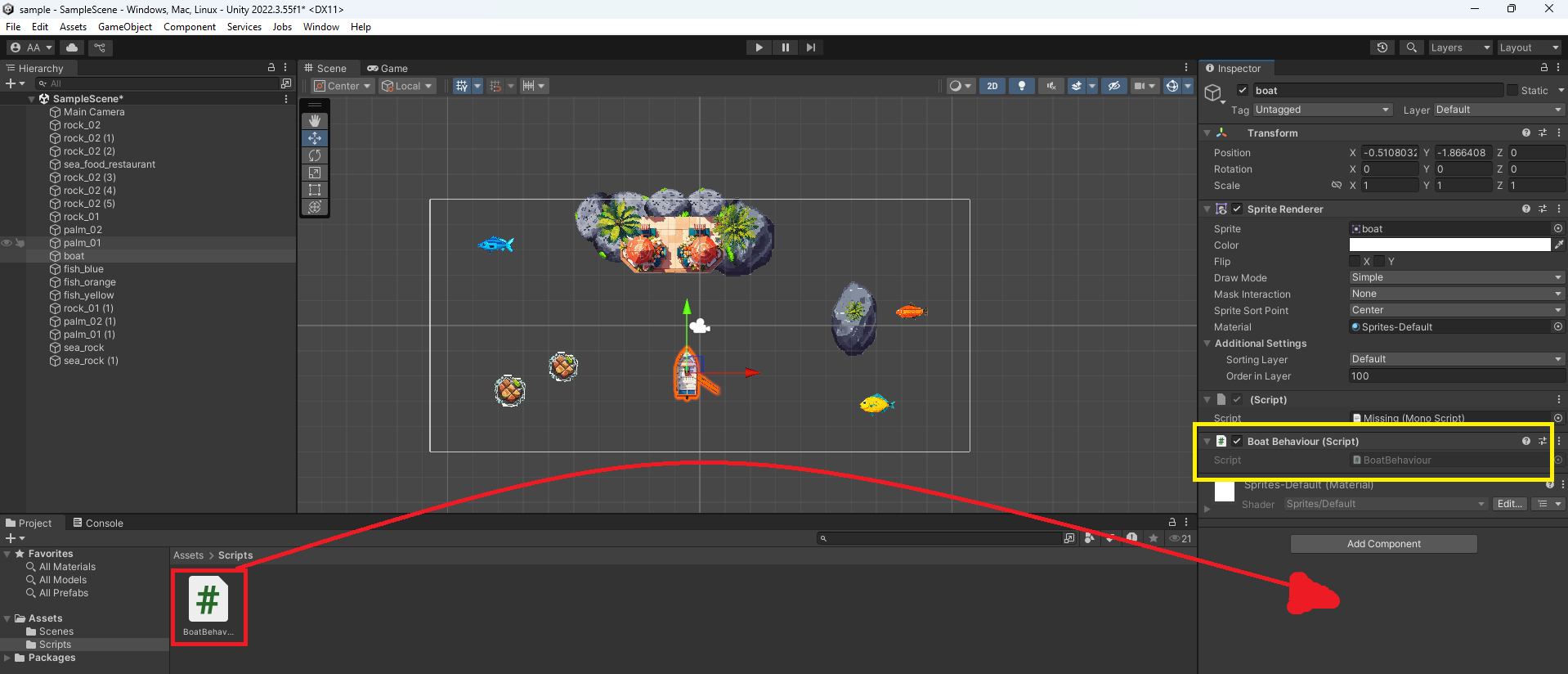 Screen display of Unity editor and Projects panel with scripts. Red arrow point from script file to game object properties panel, indicated spot where it needs to be dropped.