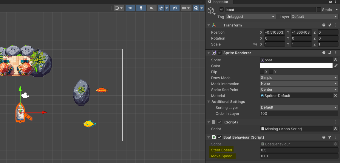 Display of Unity editor with boat objects properties panel where the script properties are displayed with their default values.
