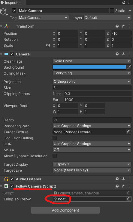 Displays Unity main camera properties panel with Boat set to script property as a thing to follow.