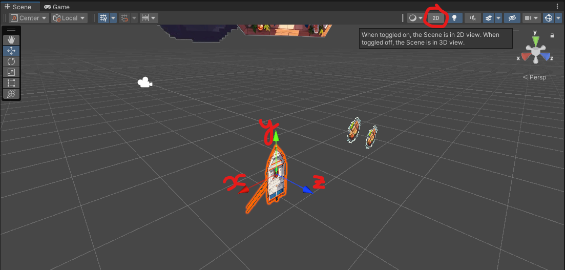 Screen display of Unity editor and Scene panel with 3D toggle. Boat sprite is selected and arrows in coordinated systems are represented as red arrow (x-axis), green arrow (y-axis) and blue arrow (z-axis).