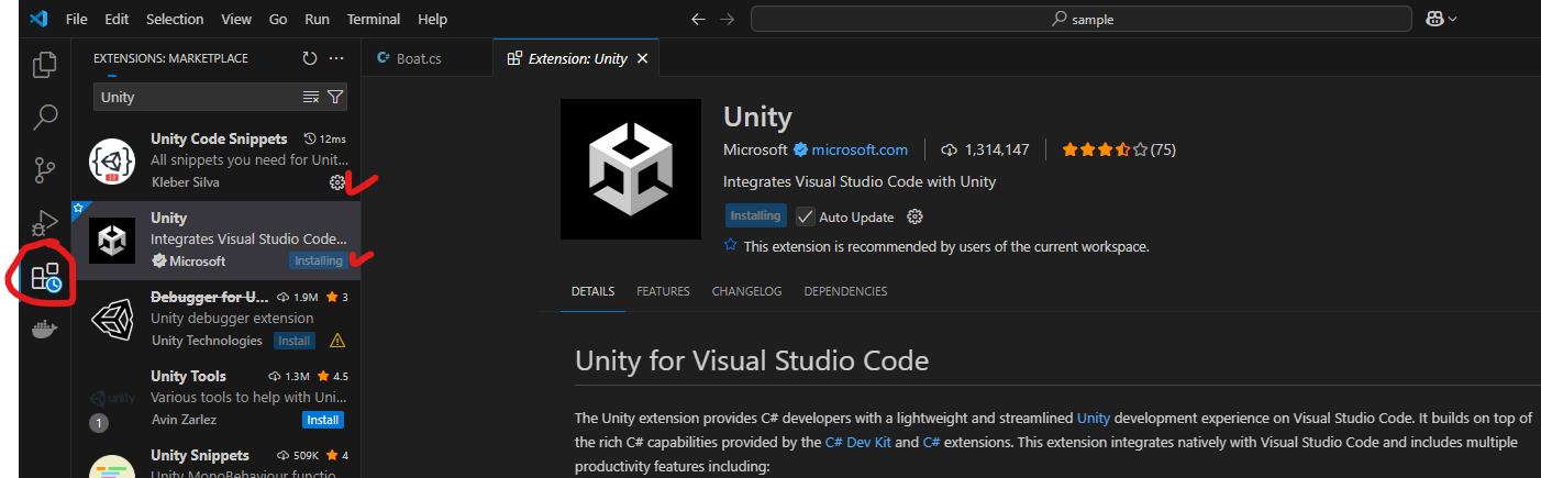 Screen display of Visual Studio Code with extensions sections. Two extensions named Unity code snippets and Unity are indicated for installing.
