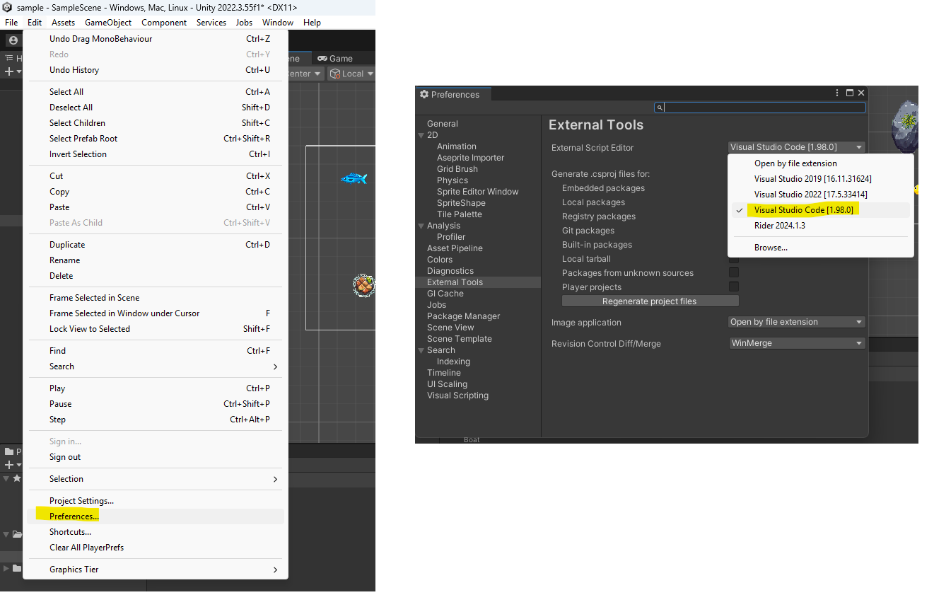 Screen display of Unity editor collapsed menu under Edit > Preferences. The preferences dialog displays under External Tools section a drop down where Visual Studio Code is set as default script editor.