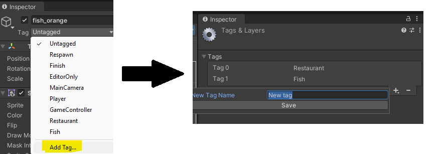 Displays Unity's Scene editor. Fish properties display Tag property and 'Add Tag...' in selector.