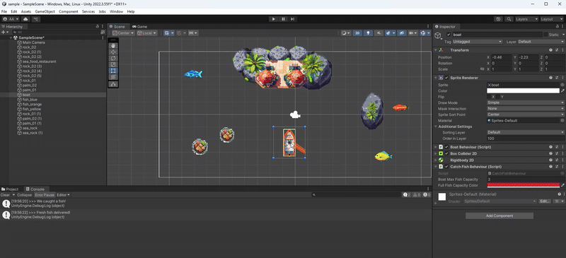 Displays Unity's Play editor. User first sets a default color in the boats CatchFishBehaviour script properties, then it starts the game. Boat is driven and collides with 3 fishes at which point it's color turns red. On restaurant collision the boat's color is restored and it displays the same as on the game start.