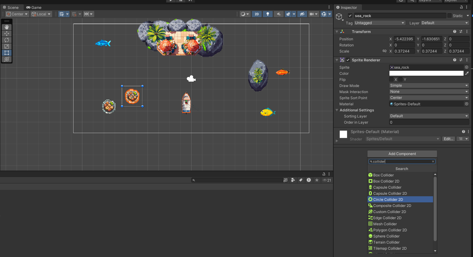 Displays Unity's Scene editor. One of the smaller circular islands from scene map has been selected. On the right hand side we have objects properties for the selected island. Under Add Component button a list of Colliders shows many shapes: capsule, square, circle, mesh, polygon etc.