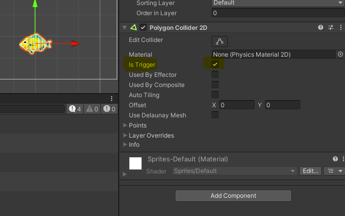 Displays Unity's Scene editor. Fish properties display Polygon Collider 2D with it's properties. IsTrigger property checkbox is checked.