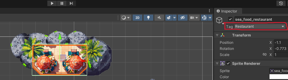 Displays Unity's Scene editor. Restaurant properties display Tag property 'Restaurant' in selector.