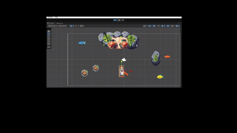 Displays Unity's Scene editor. Once the game starts, the fishing boat goes backwards infinitely.