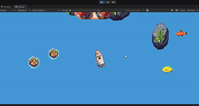 Displays Unity's game player. The fishing boat is driven and it bounces off the islands when a collision is encountered.