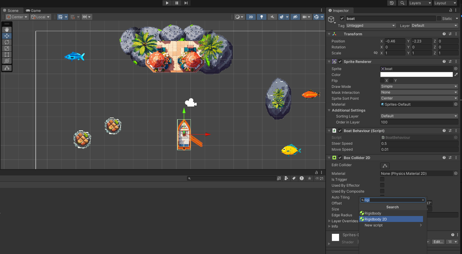 Displays Unity's Scene editor. The boat object has been selected. On the right hand side we have objects properties for the selected boat. Under Add Component button a list of Rigid Bodies shows up.